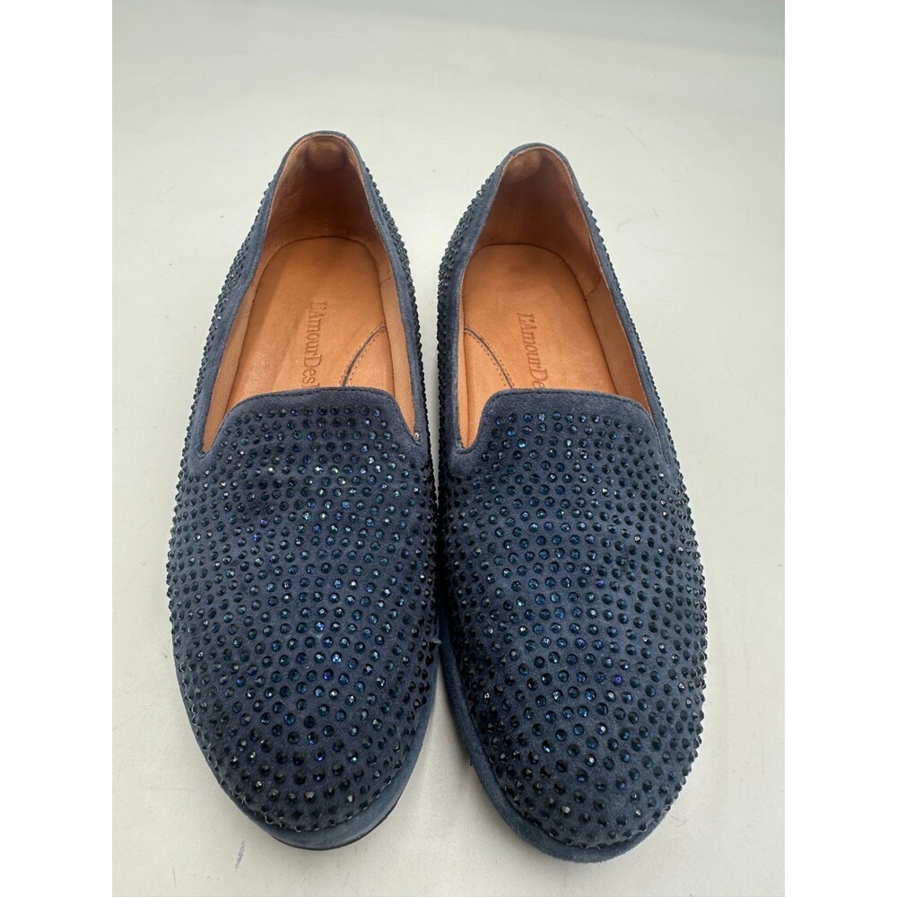 L'Amour Des Pieds Navy Blue Suede Rhinestone Studded Loafers Comfort Flats 8.5M
